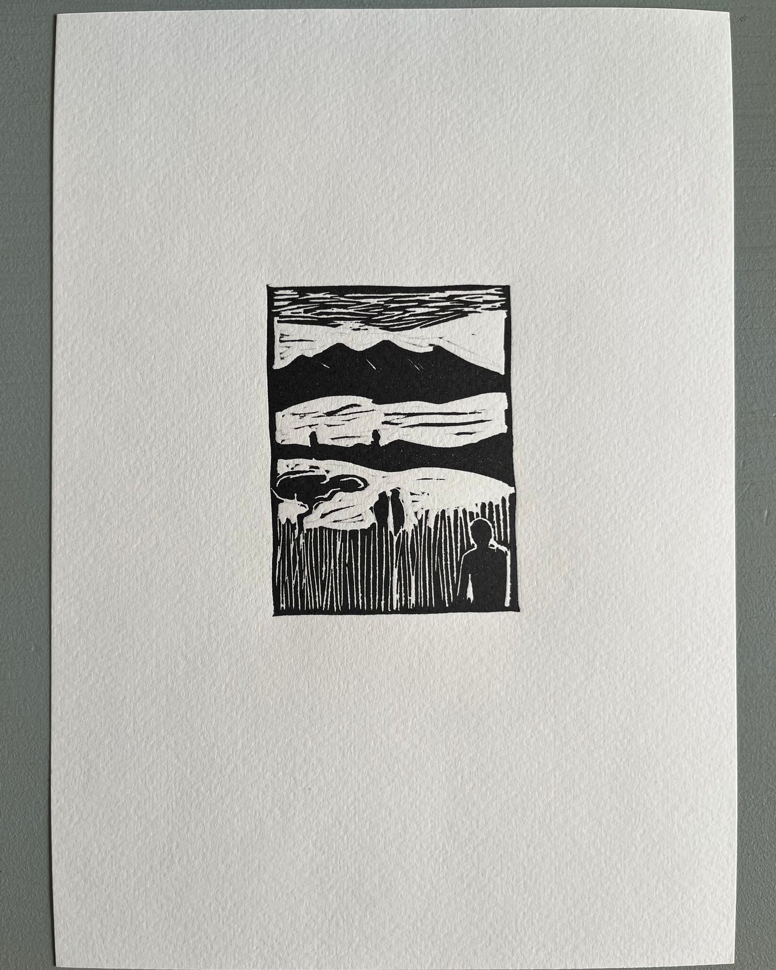 Linolschnitt zu Hölderlins Elegie, eine Landschaft auf weißem Papier